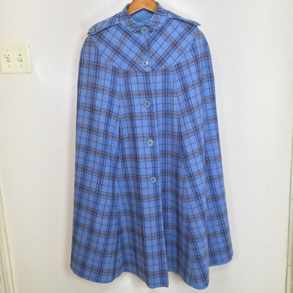 Glen of Michigan blue/plaid reversible cape poncho